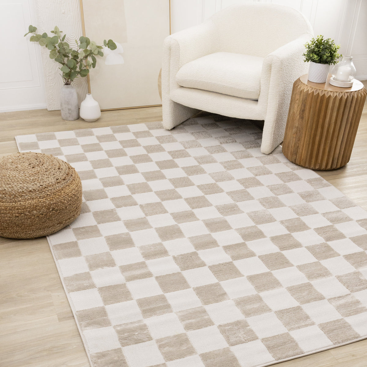 Logan Modern Checkered Area Rug - 5' X 8' - Beige/Cream