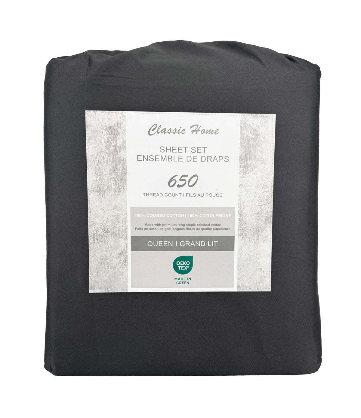 Cotton House 100% Combed Cotton Queen Sheet Set - 650 Thread Count Charcoal