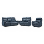 Apollo Leather Dual Power Reclining Sofa, Loveseat and Glider Recliner Set - Navy with plush headrests and padded arms