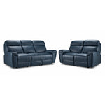 Apollo Leather Dual Power Reclining Sofa and Loveseat Set - Navy with plush headrests and padded arms