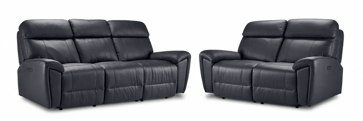 Apollo Leather Dual Power Reclining Sofa and Loveseat Set - Black with plush headrests, padded arms and stitched leather