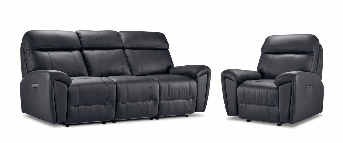 Apollo Leather Dual Power Reclining Sofa and Glider Recliner Set - Black with plush headrests, padded arms and stitched leather