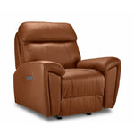 Apollo Leather Dual Power Glider Recliner - Mocha angled view with plush headrest, padded arms and stitched leather