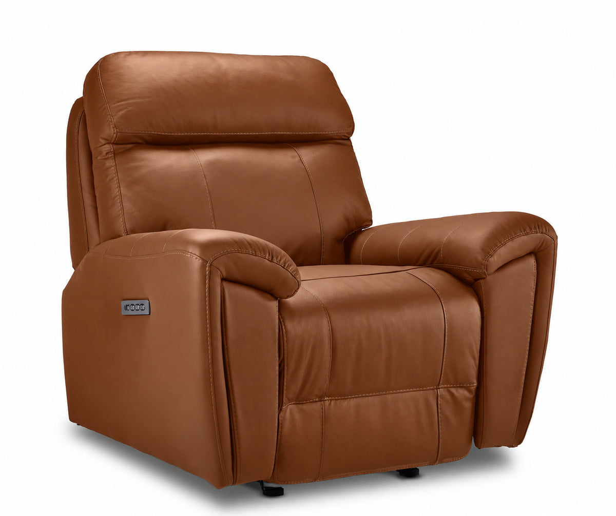 Apollo mocha leather dual power glider recliner angled view with plush headrest, cushioned seat and padded arms