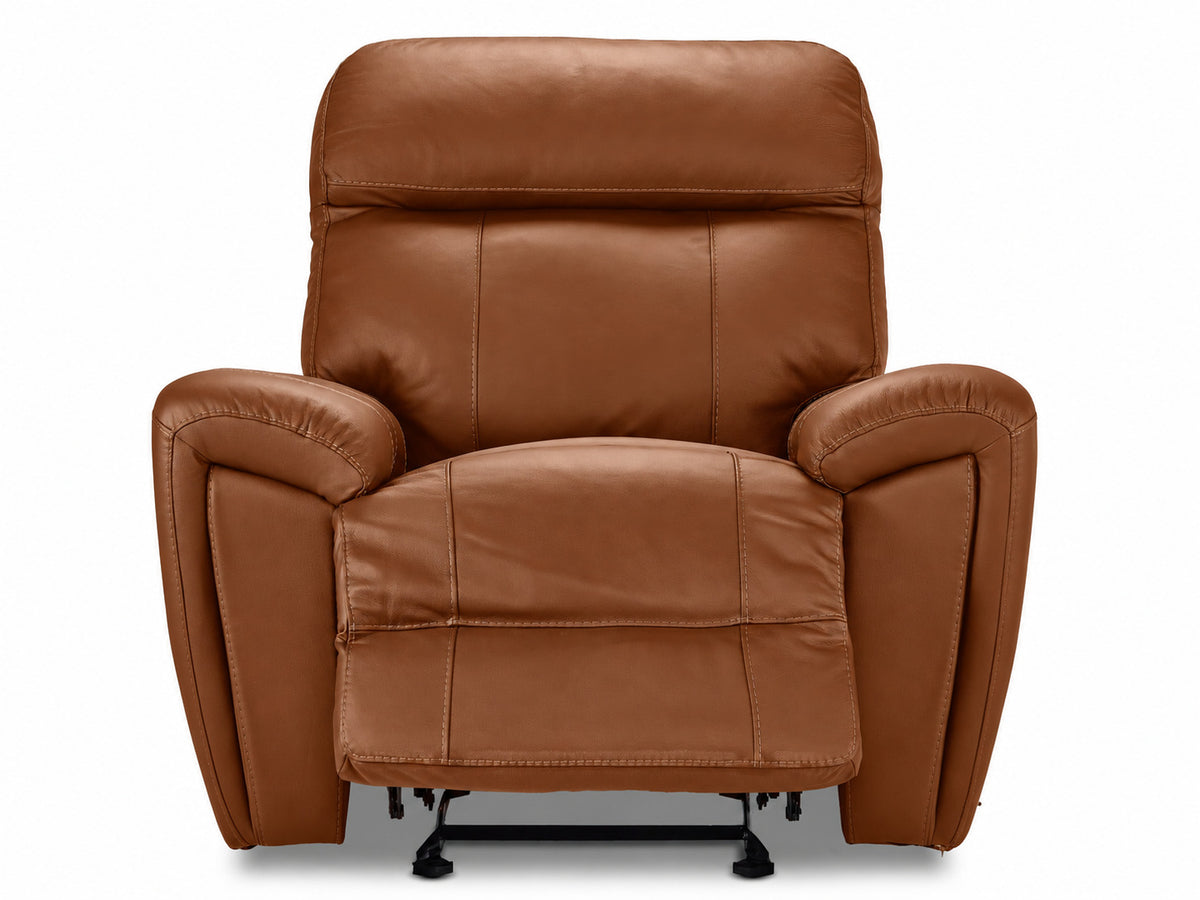Apollo mocha leather glider recliner front view with power footrest extended and padded headrest