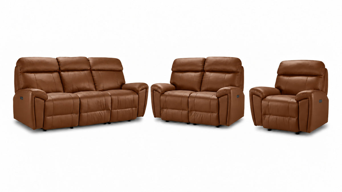 Apollo Leather Dual Power Reclining Sofa, Loveseat and Glider Recliner Set - Mocha with plush headrests and padded arms