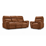 Apollo Leather Dual Power Reclining Sofa and Glider Recliner Set - Mocha with plush headrests, padded arms and stitched leather