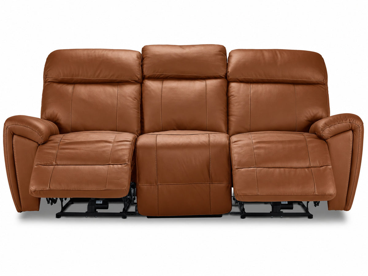 Apollo mocha leather reclining sofa front view with both end footrests extended and plush headrests