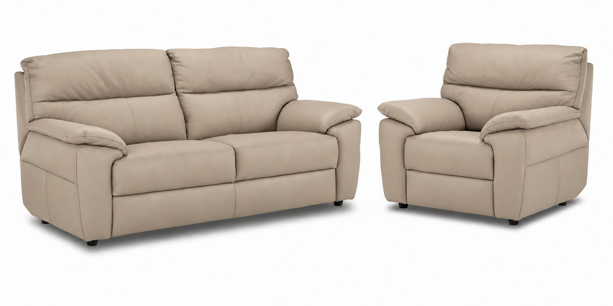 Toscana tan leather sofa and chair set with high cushioned backs and pillow-top arms