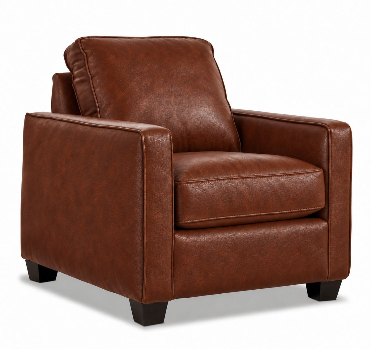 City Leather Chair - Brown in a three-quarter view with a box seat cushion, cushioned back and dark wood legs