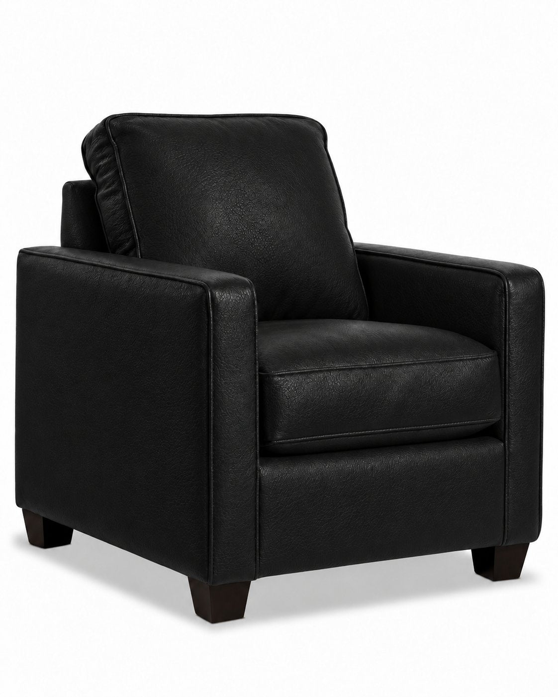 City Leather Chair - Black in a three-quarter view with a padded back and seat cushion, track arms and dark wood legs