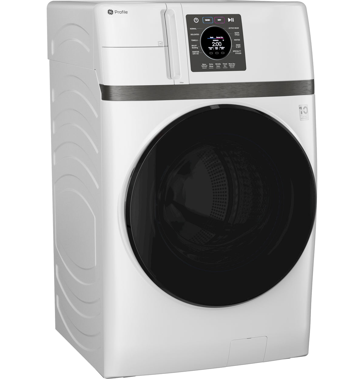GE Profile 5.3 cu. ft. UltraFast washer dryer combo in white, shown from a left three-quarter angle with black front-loading door