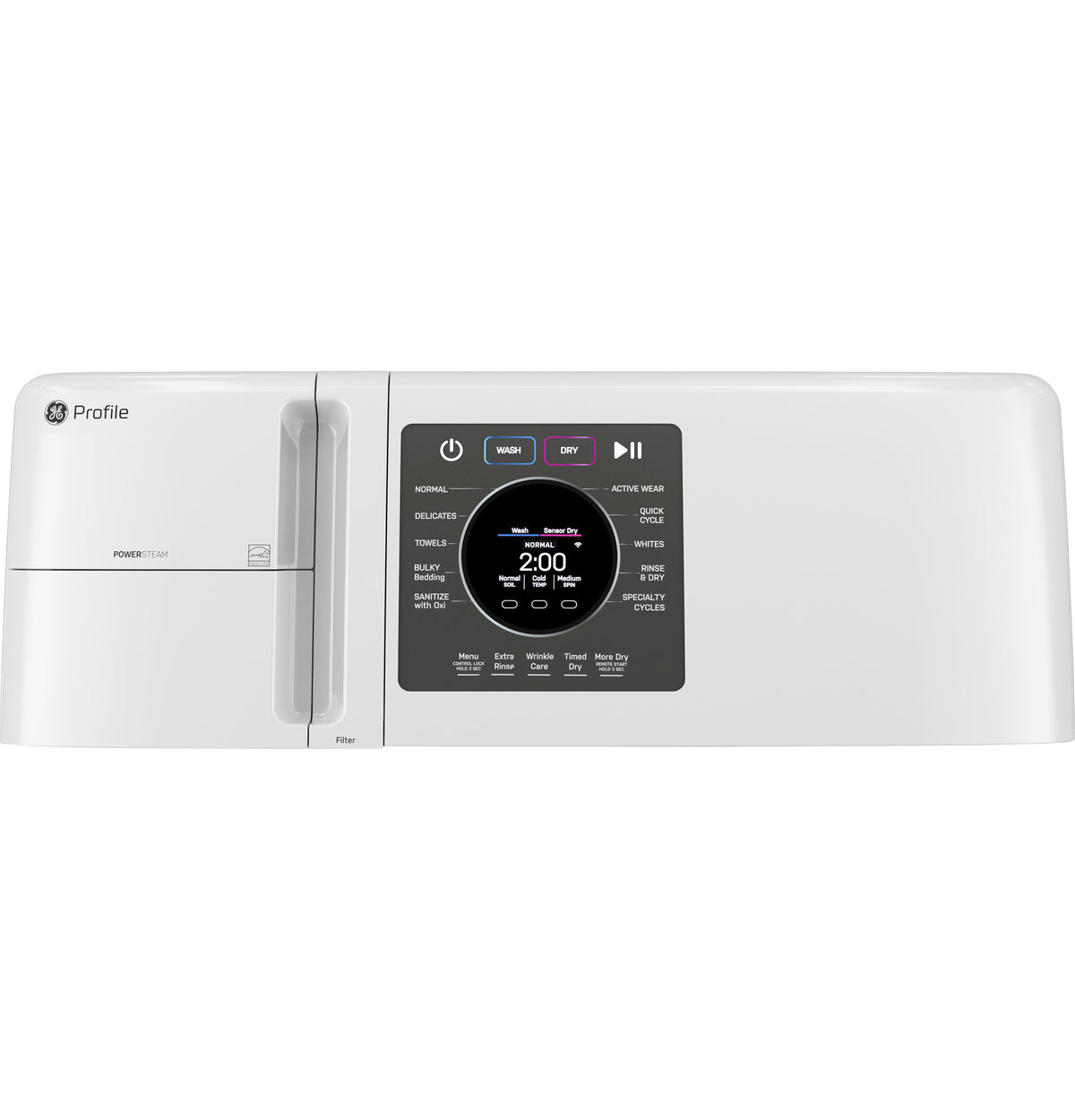 Close-up of GE Profile UltraFast washer dryer combo control panel with wash and dry cycle selections, digital display and PowerSteam compartment