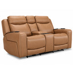 Jackson Leather Power Reclining Loveseat with Heat and Massage - Butternut angled view with two padded seats and centre console