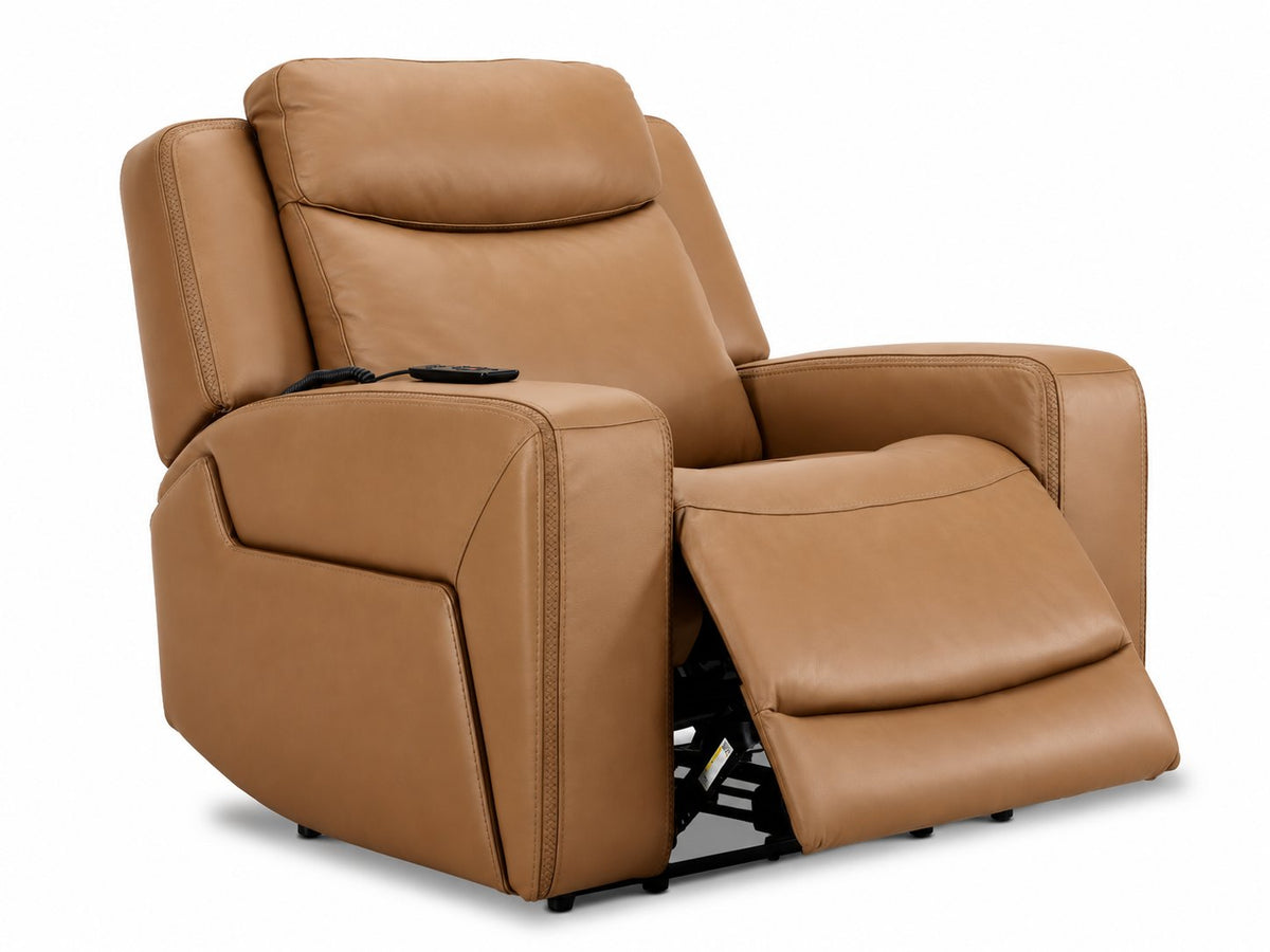 Jackson butternut leather recliner angled view with power footrest extended and padded headrest