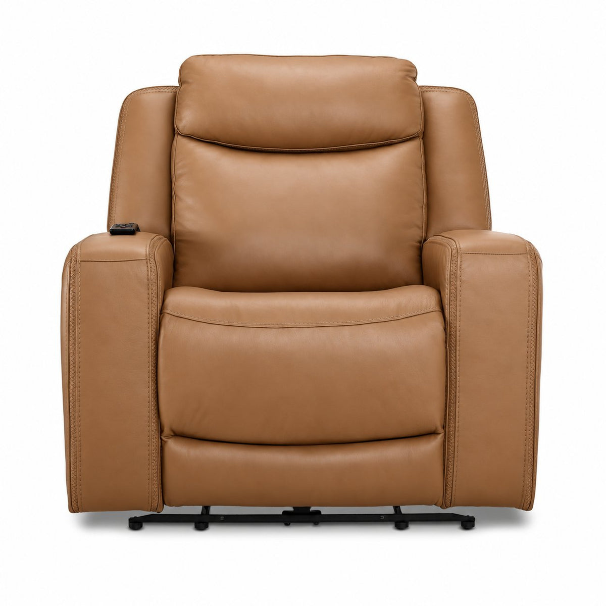 Jackson butternut leather power recliner front view with padded headrest, cushioned back and wide arms