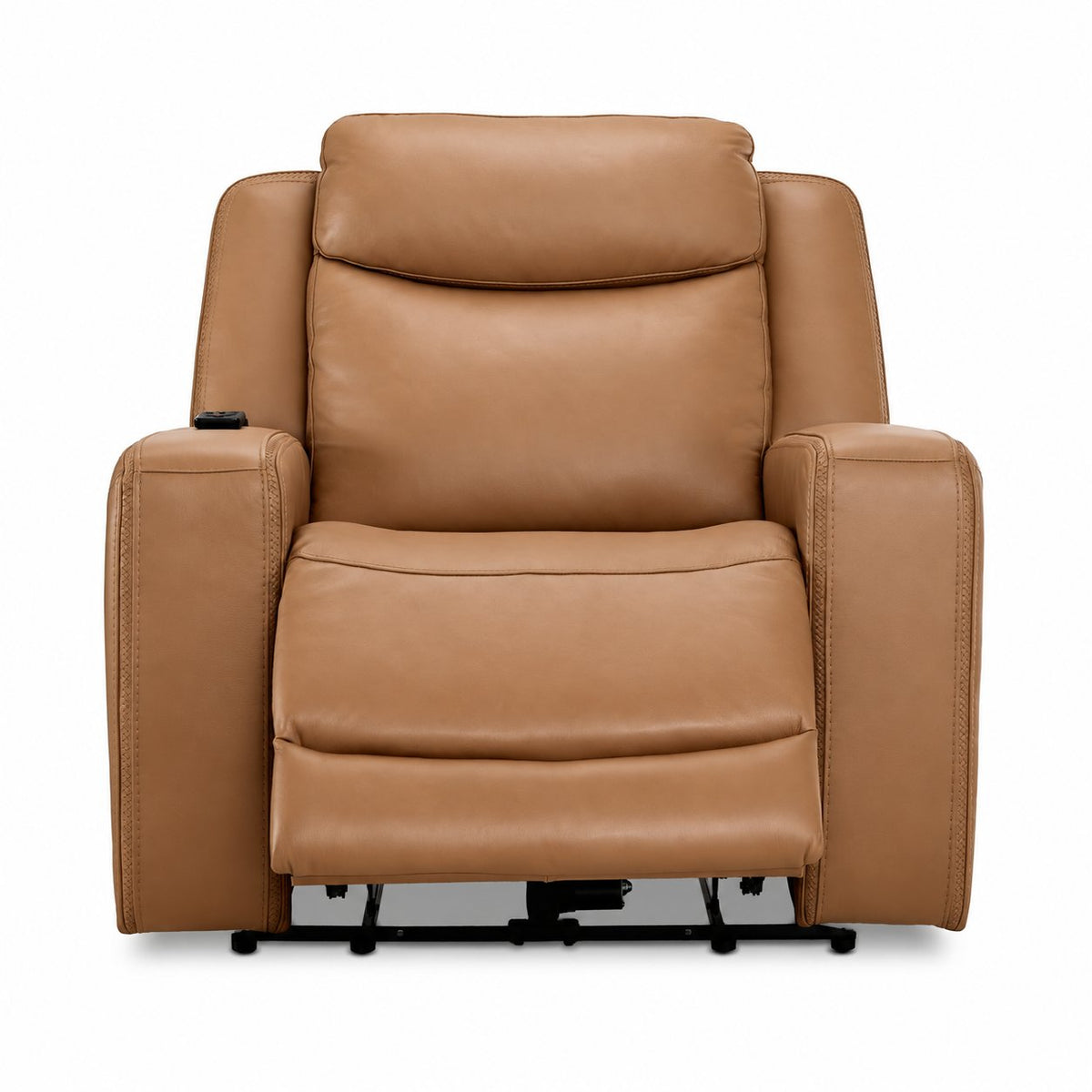 Jackson butternut leather recliner front view with power footrest extended and plush padded seating
