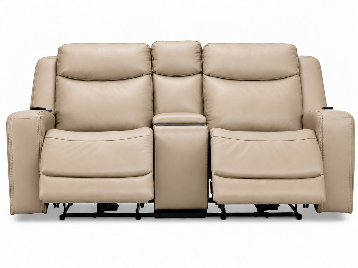 Jackson pristine leather reclining loveseat front view with both footrests extended and padded headrests