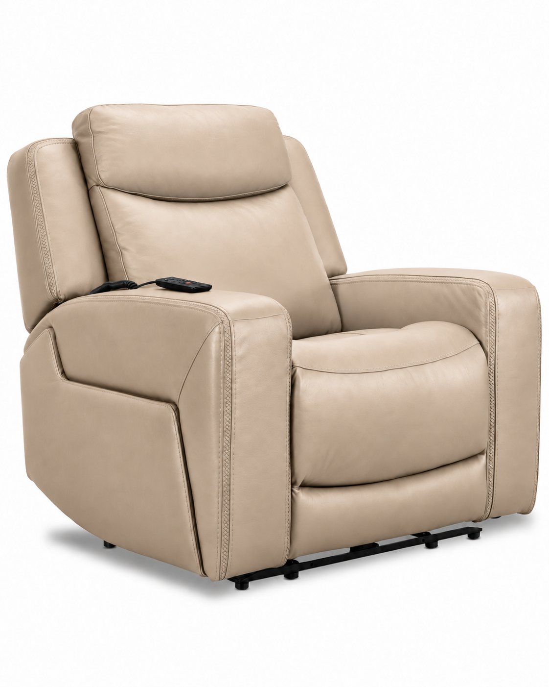 Jackson pristine leather power recliner angled view with padded headrest, wide arms and stitched leather upholstery