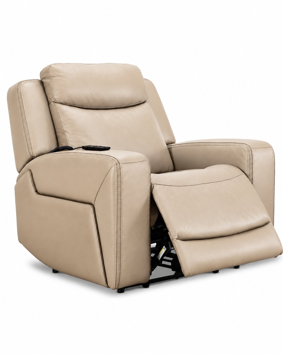 Jackson pristine leather recliner angled view with power footrest extended and padded headrest