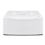 Midea MLP1WW white laundry pedestal with smooth curved drawer front and black base