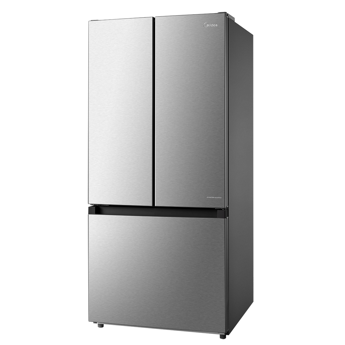 Angled view highlighting the stainless steel finish, three-door design and dark side panel