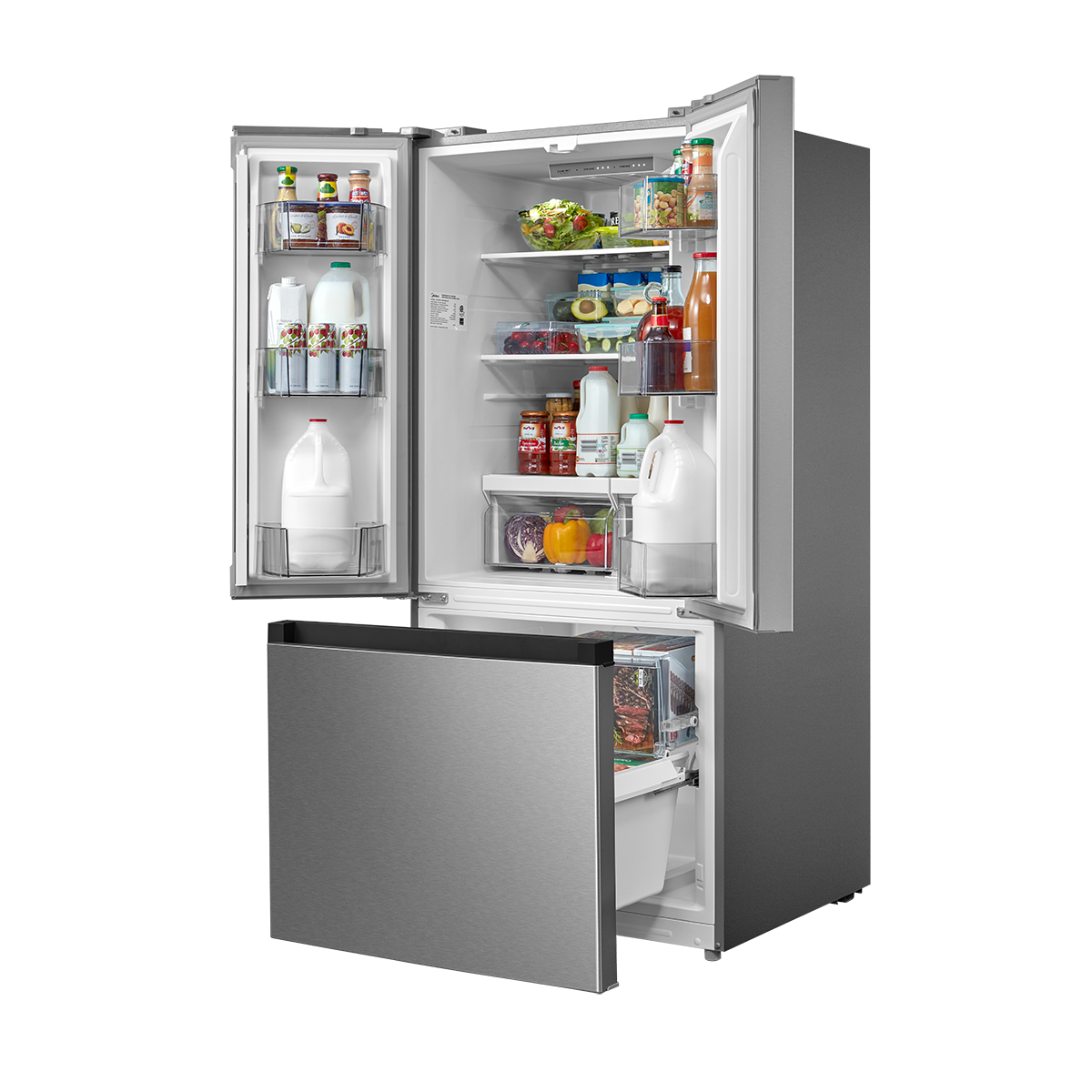 Angled open refrigerator showing fresh food storage and partially open bottom freezer