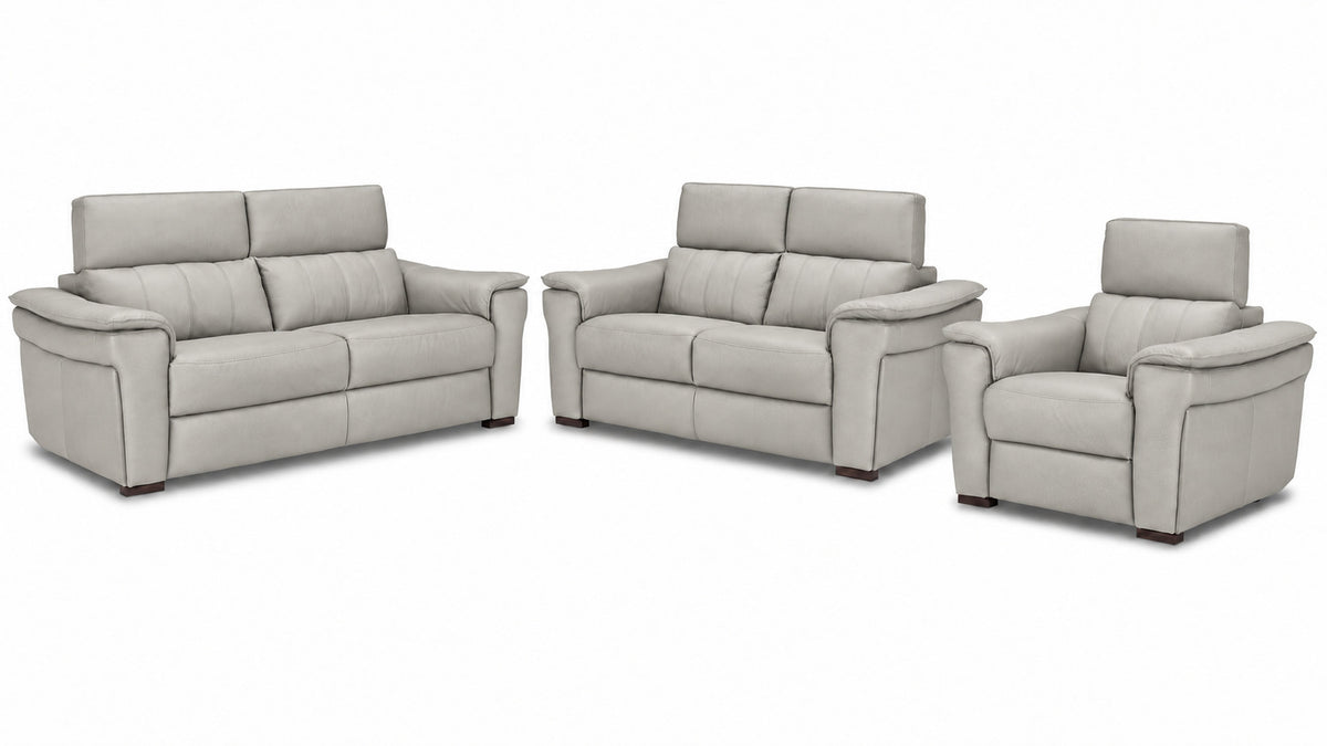 Orlando-Ray grey leather sofa, loveseat and chair set with padded arms and adjustable headrests