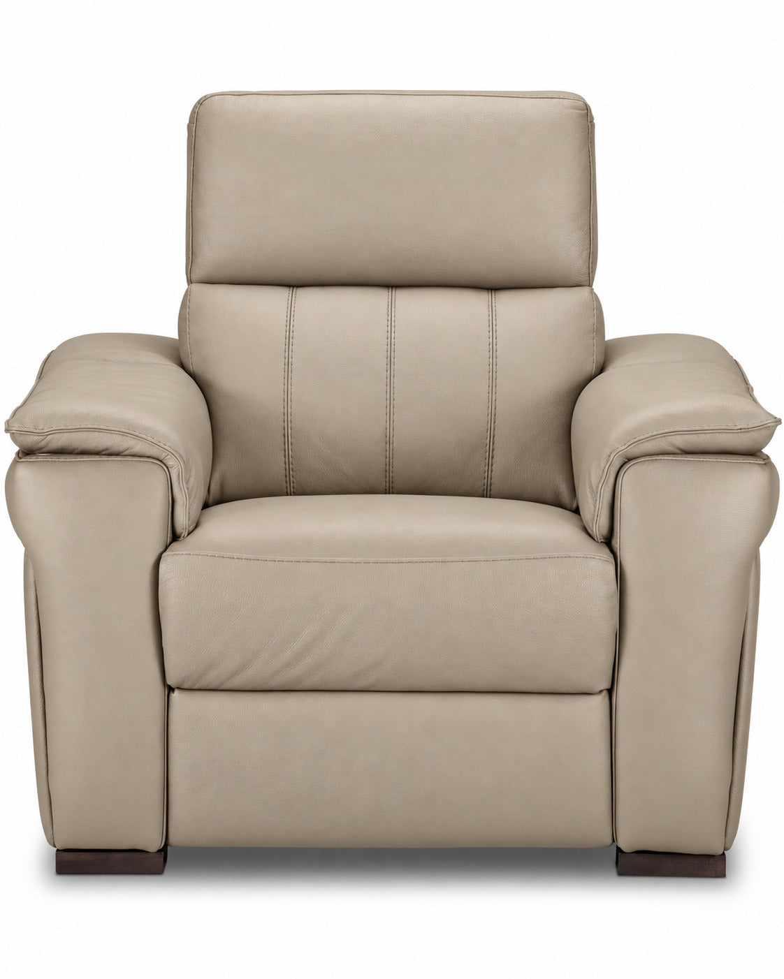 Front view of the tan leather chair with stitched backrest and dark wood feet