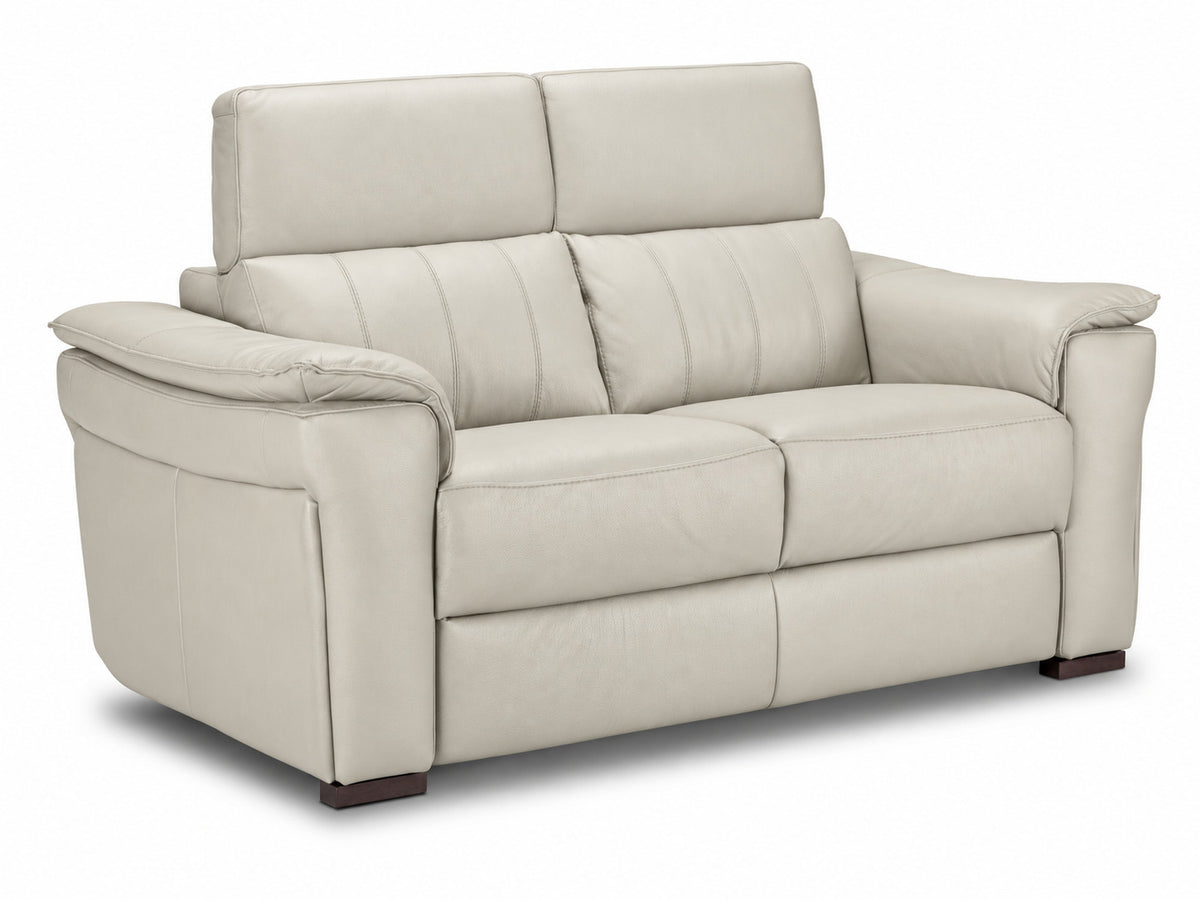Orlando-Ray cream leather loveseat with two seats, padded arms and raised adjustable headrests