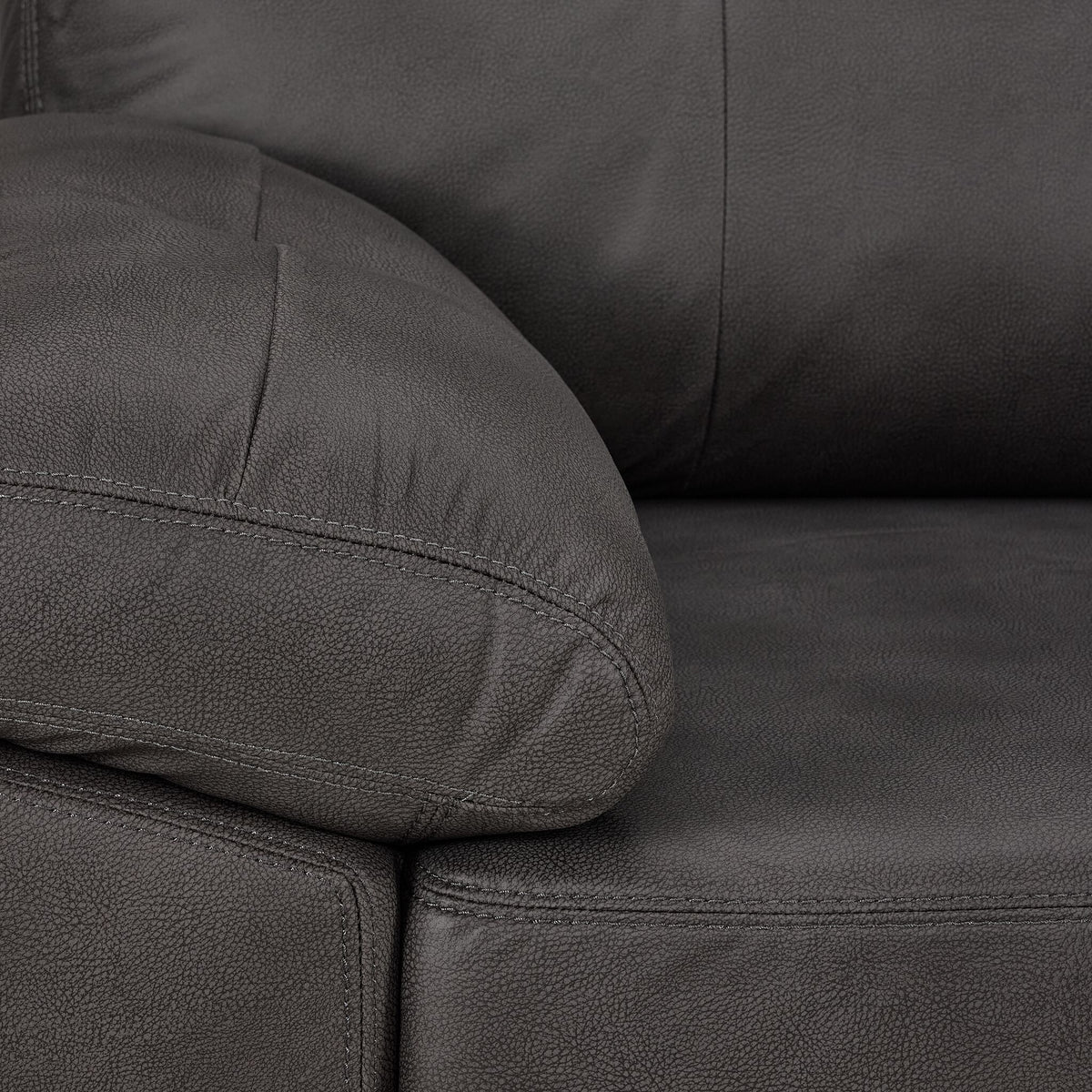 Allan Sofa - Charcoal close-up showing the padded arm, seat cushion and textured upholstery with visible stitching