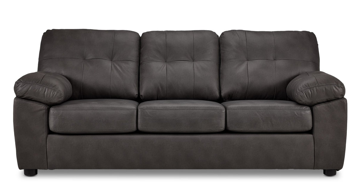 Allan Sofa - Charcoal front view with three tufted back cushions, three seat cushions and plush padded arms