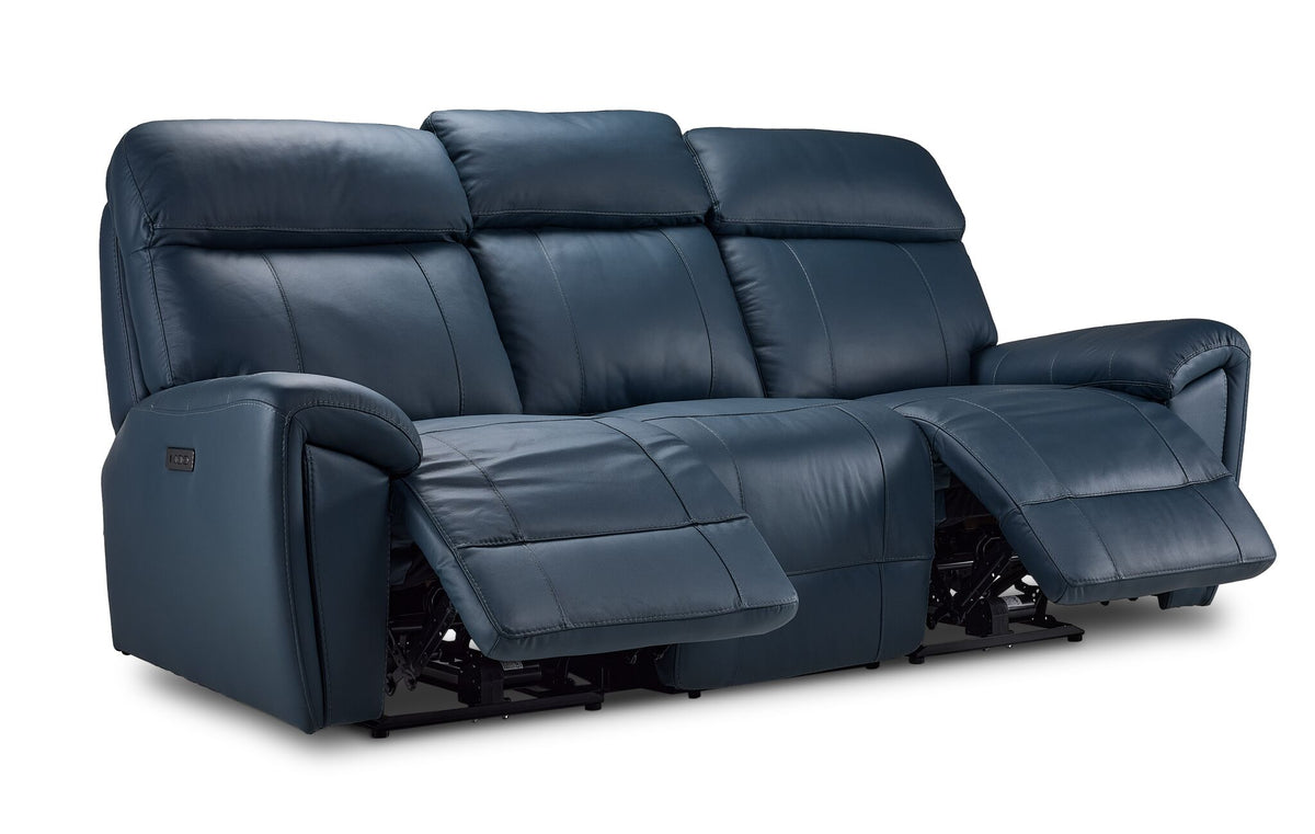 Apollo navy leather reclining sofa angled view with both end footrests extended and centre seat upright