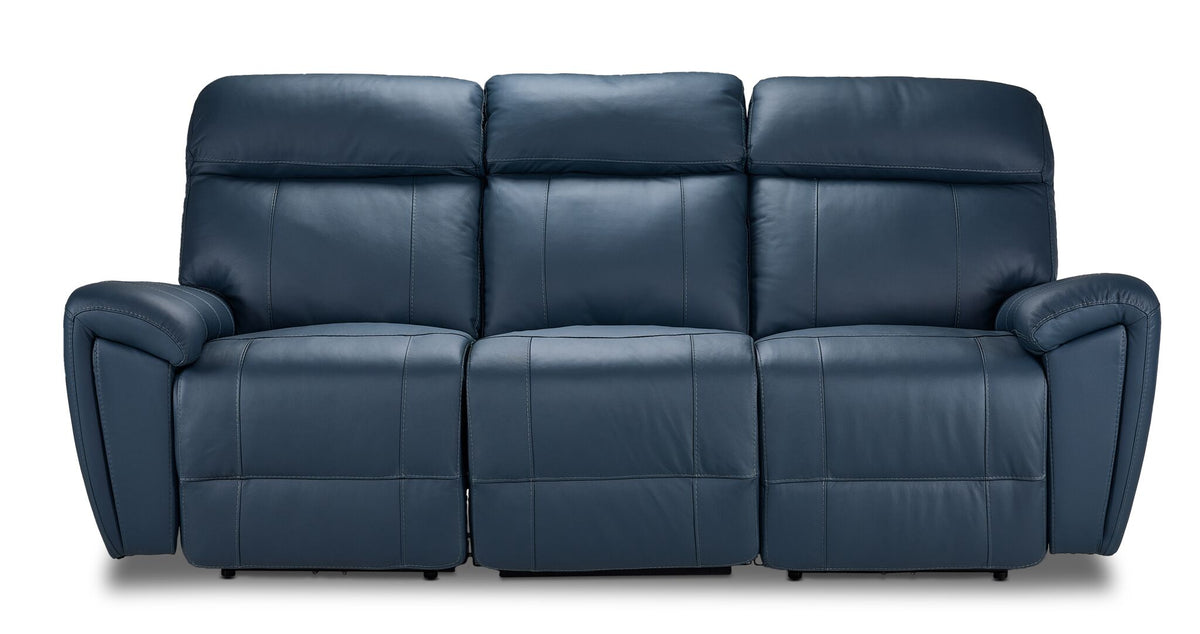 Apollo navy leather power reclining sofa front view with three cushioned seats, plush headrests and padded arms