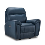 Apollo Leather Dual Power Glider Recliner - Navy angled view with plush headrest, padded arms and stitched leather