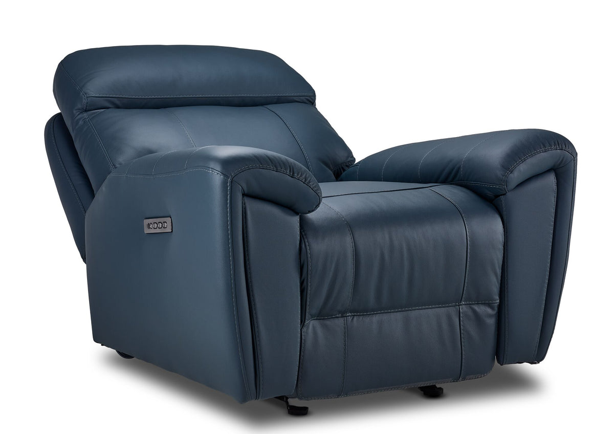 Apollo navy leather glider recliner angled view with backrest reclined and footrest closed