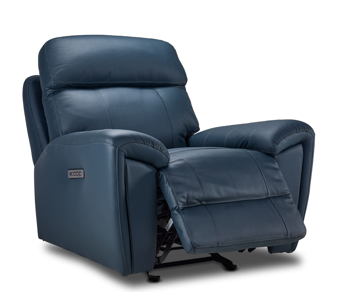 Apollo navy leather glider recliner angled view with power footrest extended and plush padded seating