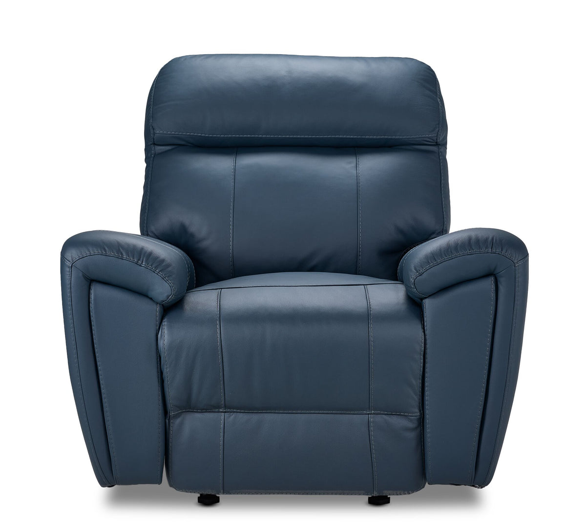 Apollo navy leather glider recliner front view with plush headrest, cushioned back and padded pillow-style arms