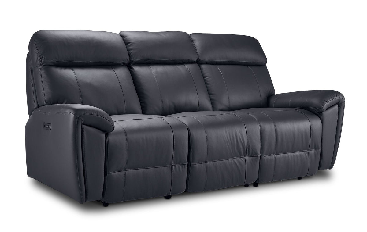Apollo black leather dual power reclining sofa angled view with three cushioned seats, plush headrests and padded arms