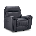 Apollo Leather Dual Power Glider Recliner - Black angled view with plush headrest, padded arms and stitched leather