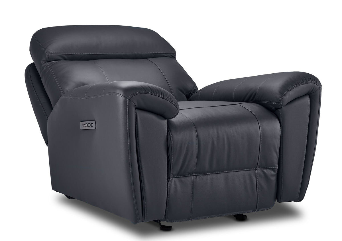 Apollo black leather glider recliner angled view with backrest reclined, adjustable headrest and footrest closed
