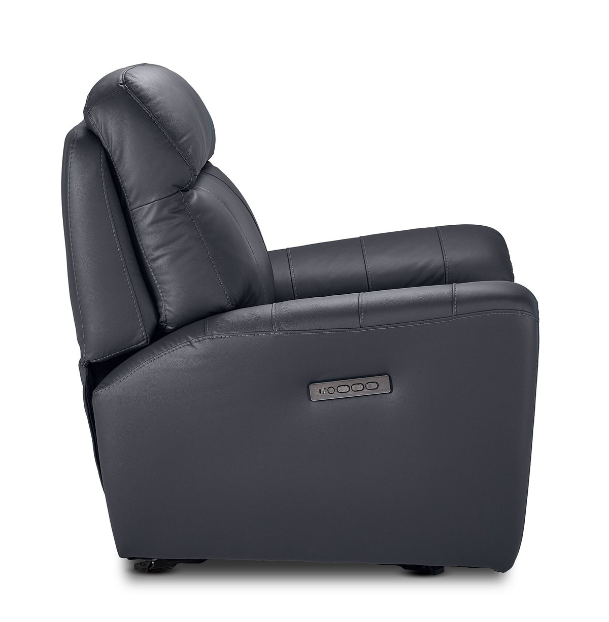 Apollo black leather glider recliner side view in upright position with side-mounted power controls