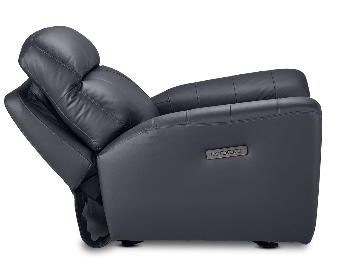 Apollo black leather glider recliner side view with backrest and adjustable headrest reclined and power controls visible