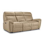 Apollo Leather Dual Power Reclining Sofa - Beige angled view with three cushioned seats, plush headrests and padded arms