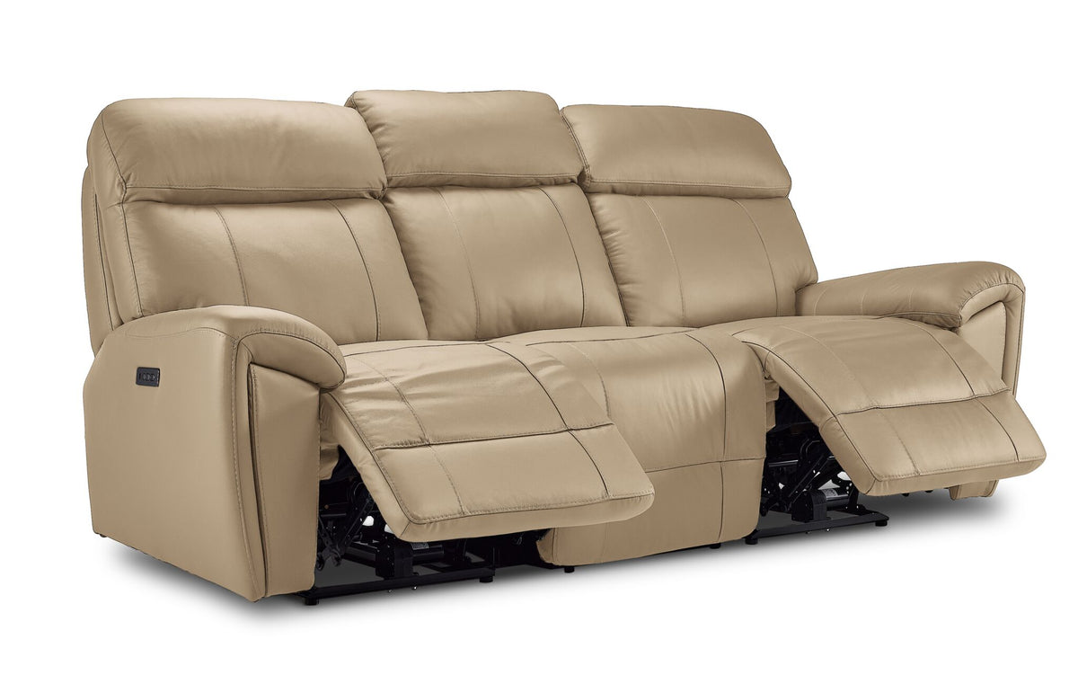 Apollo beige leather reclining sofa angled view with both end footrests extended and centre seat upright