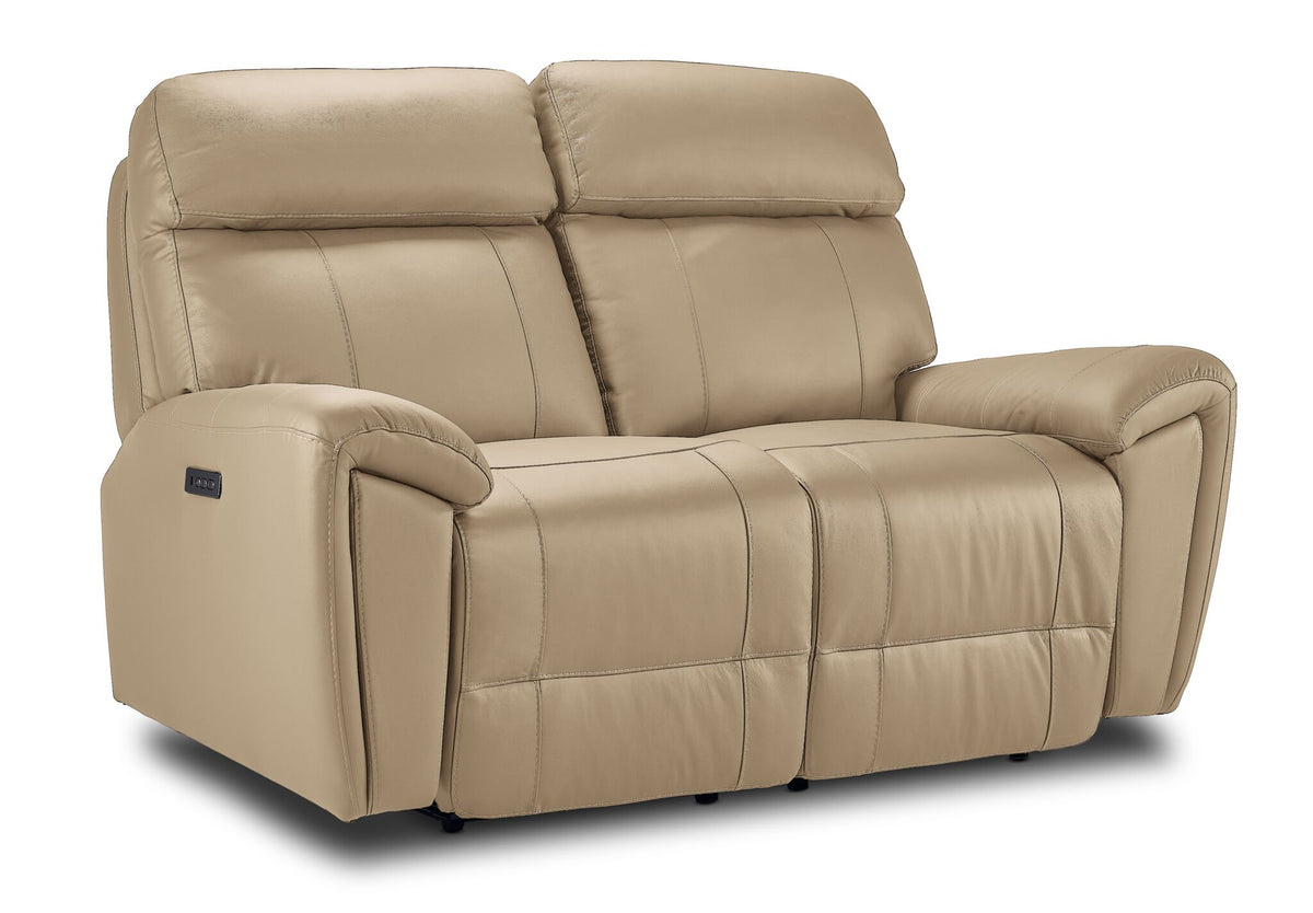 Apollo Leather Dual Power Reclining Loveseat - Beige angled view with two cushioned seats and padded arms