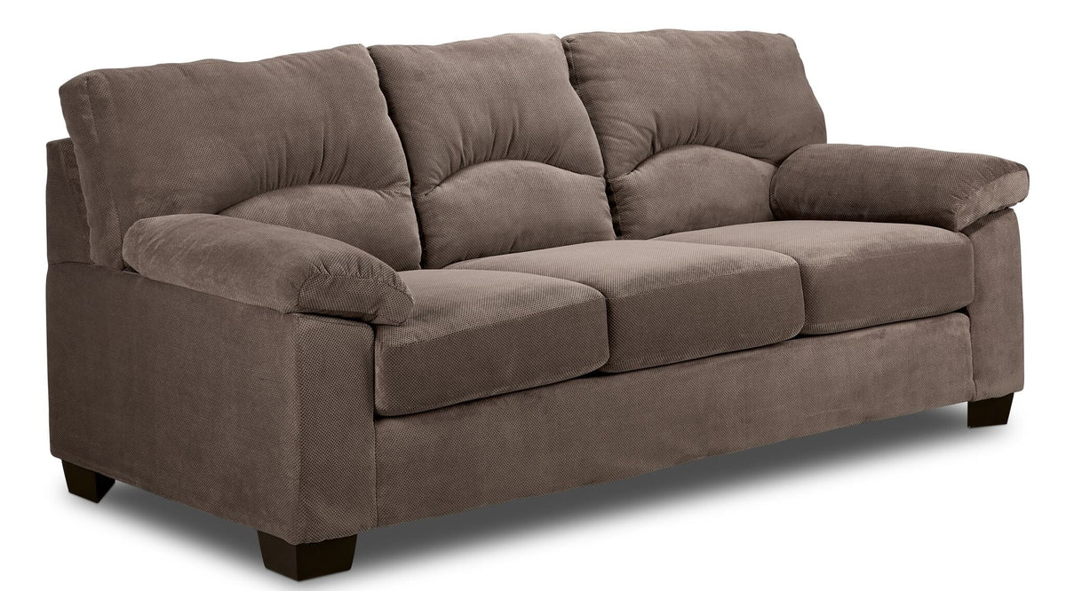 Archie ash sofa with three cushioned seats, plush backrests, pillow-top arms and dark wood feet.