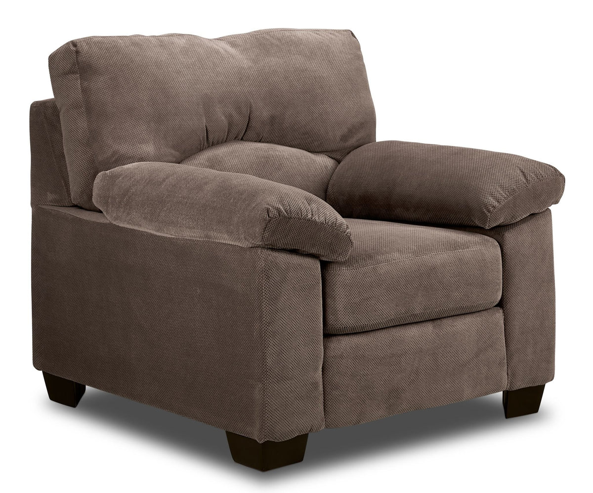 Archie ash chair with plush back cushion, deep seat, pillow-top arms and dark wood feet.
