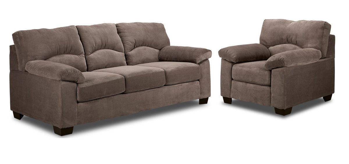 Archie ash sofa and chair set with plush cushions, pillow-top arms and coordinating dark wood feet.