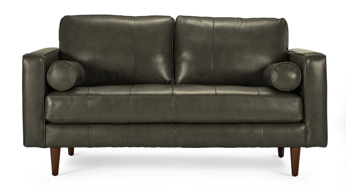 Front view of the Bari Leather Loveseat in charcoal with two cushioned backrests, tufted seat, bolster pillows and wood legs